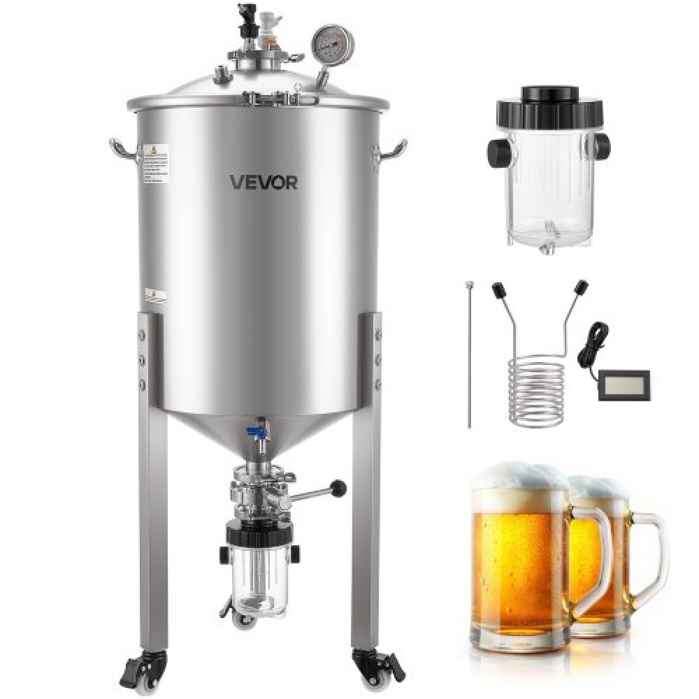 Κωνικός ζυμωτής VEVOR από ανοξείδωτο χάλυβα, 16 Gal/60L Home Brewing Fermenation Tank, Brew Bucket Fermentor with Conical bottom, 3 Caster Wheels, Καπάκι, Λαβή & Θερμόμετρο, για ζύμωση κρασιού, μπύρας