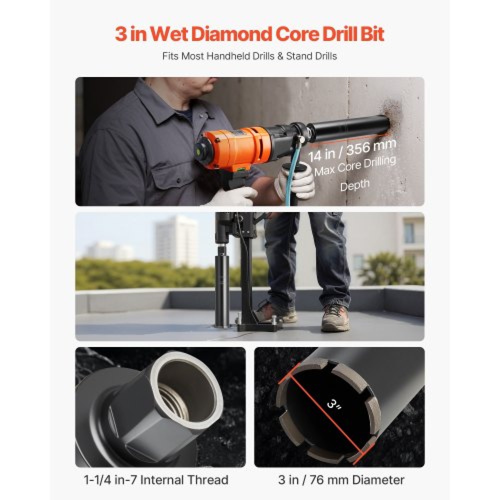 VEVOR Core Drill Bit, 76 mm Diameter, 356 mm Drilling Depth, 1-1/4 in-7 Internal Thread, High-Precision Welding Technology, Wet Diamond Core Bit for Reinforced Concrete, Red Bricks, and Masonry