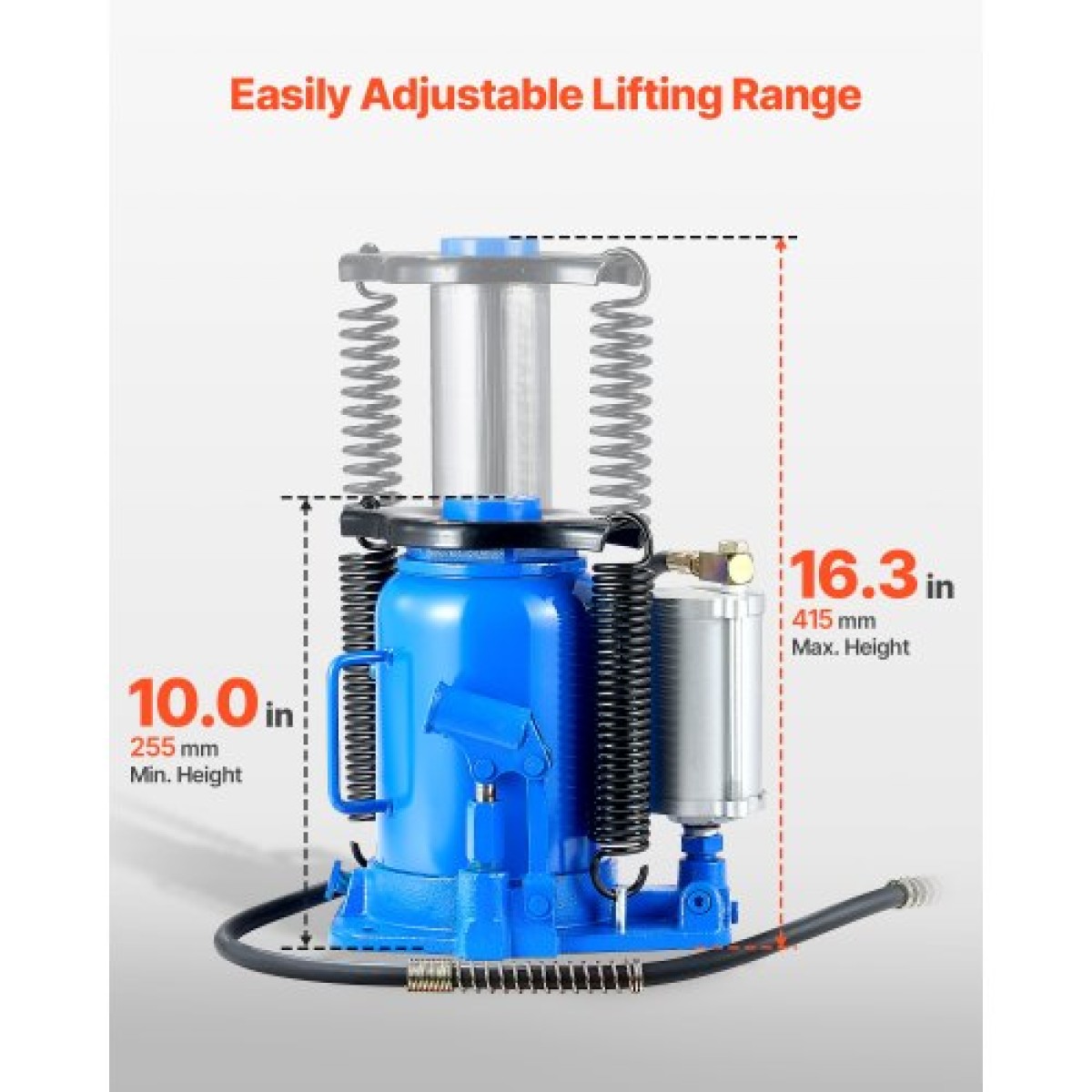 VEVOR Air Hydraulic Bottle Jack, 32 Ton (70546,9 lbs) Χωρητικότητα, Εύρος ανύψωσης 255-415 mm, Πνευματικός/Χειροκίνητος συγκολλημένος γρύλος φιάλης βαρέως τύπου με αντλία για SUV, Pickup, Truck, RV, Car, Auto Repair, Blue