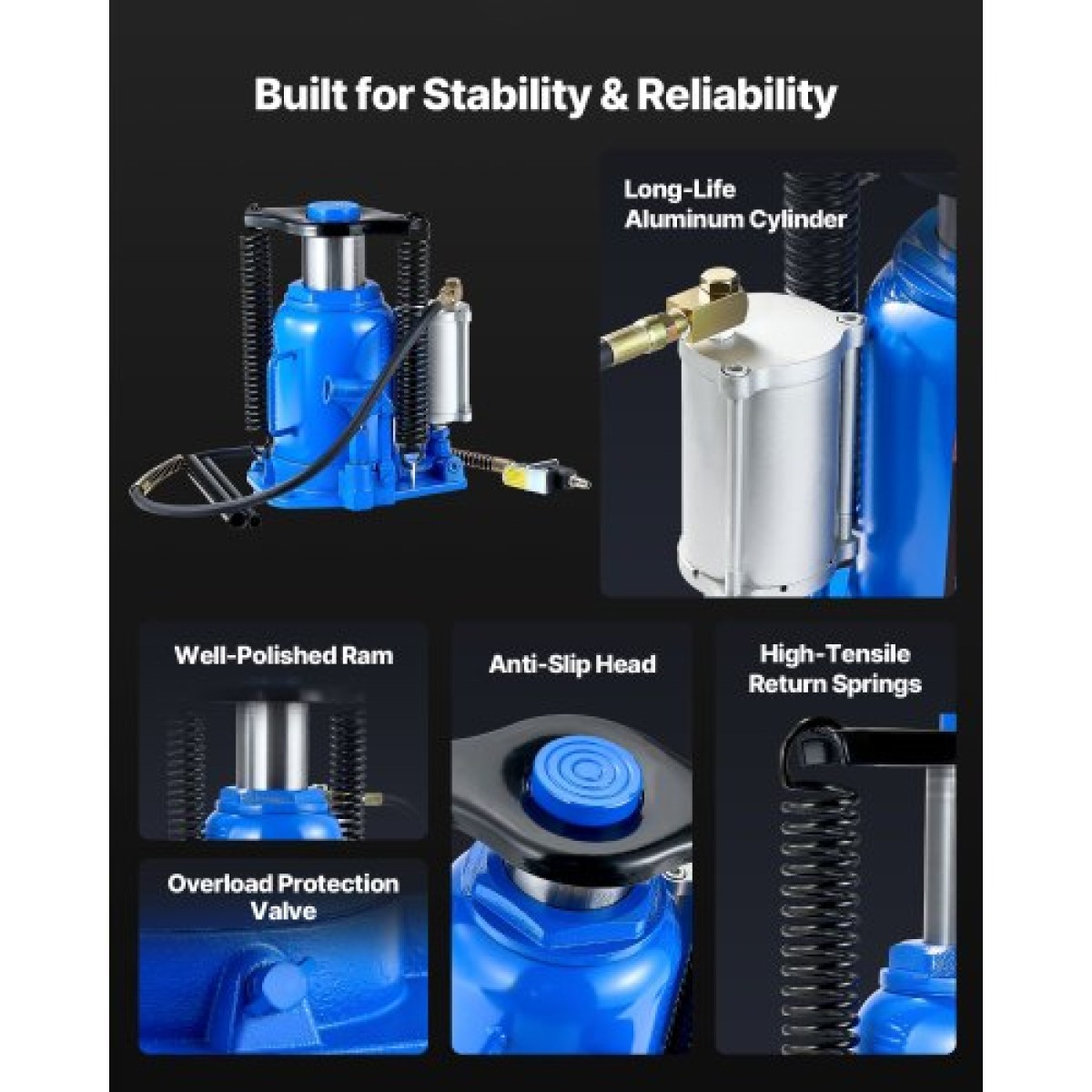 VEVOR Air Hydraulic Bottle Jack, 32 Ton (70546,9 lbs) Χωρητικότητα, Εύρος ανύψωσης 255-415 mm, Πνευματικός/Χειροκίνητος συγκολλημένος γρύλος φιάλης βαρέως τύπου με αντλία για SUV, Pickup, Truck, RV, Car, Auto Repair, Blue