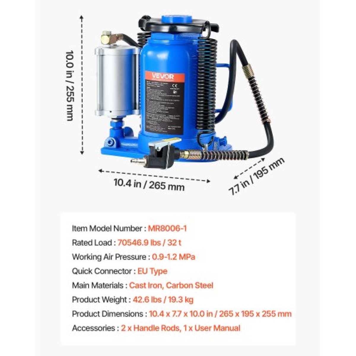 VEVOR Air Hydraulic Bottle Jack, 32 Ton (70546,9 lbs) Χωρητικότητα, Εύρος ανύψωσης 255-415 mm, Πνευματικός/Χειροκίνητος συγκολλημένος γρύλος φιάλης βαρέως τύπου με αντλία για SUV, Pickup, Truck, RV, Car, Auto Repair, Blue