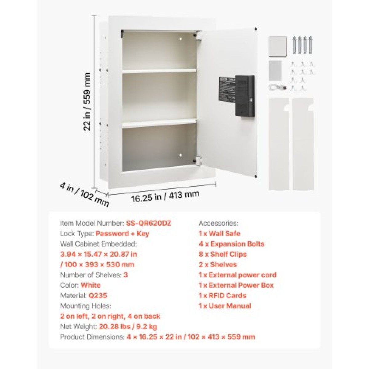 Χρηματοκιβώτιο τοίχου VEVOR 0,83 sq.ft, κρυφό χρηματοκιβώτιο τοίχου 3 επιπέδων με κωδικό πρόσβασης, κλειδί & περιστρεφόμενο πόμολο, κουτί από ατσάλι ψυχρής έλασης Q235 με ρυθμιζόμενα ράφια και οπές στήριξης για χρήματα, κοσμήματα, διαβατήριο, λευκό