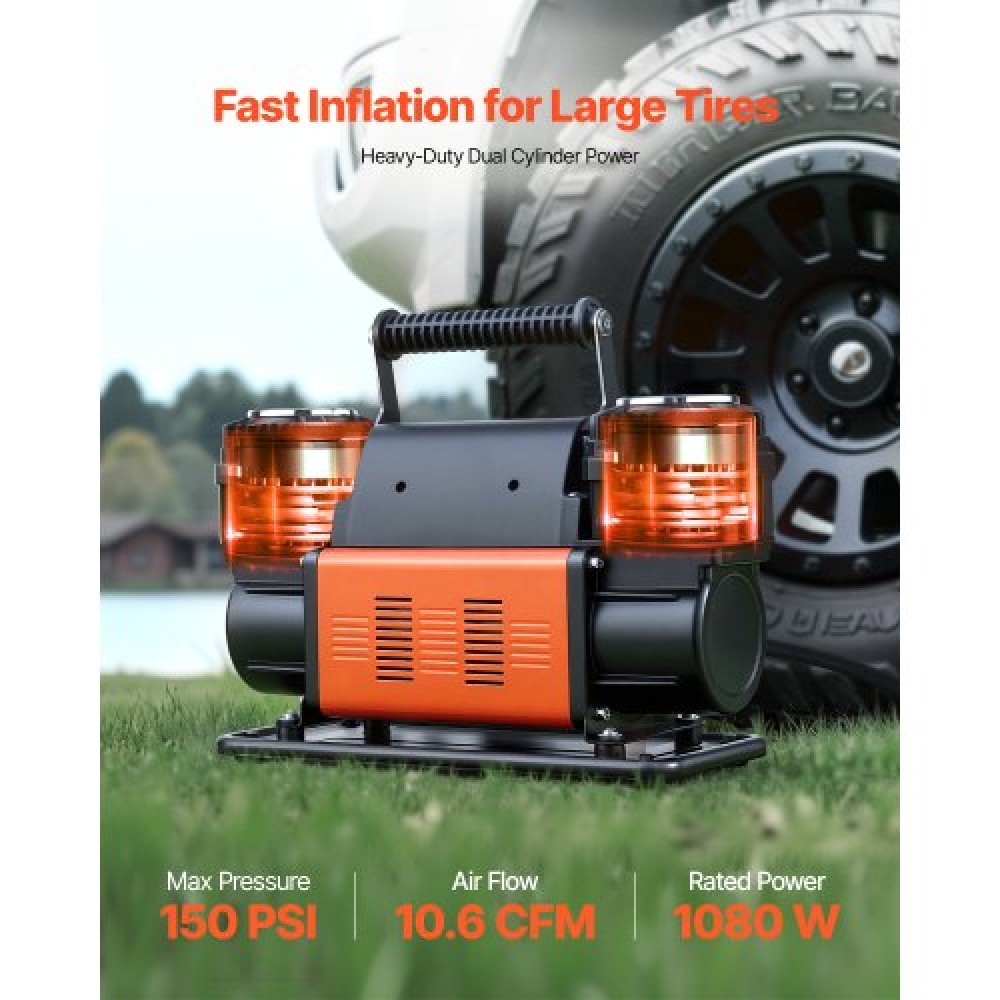 VEVOR Dual-Cylinder Heavy Duty Air Compressor, φορητό φουσκωτό ελαστικών 300 L/min, 12V 150 PSI Offroad Air Pump με ψηφιακό μετρητή πίεσης & αντάπτορες για φορτηγό SUV 4 x 4 Vehicle RV