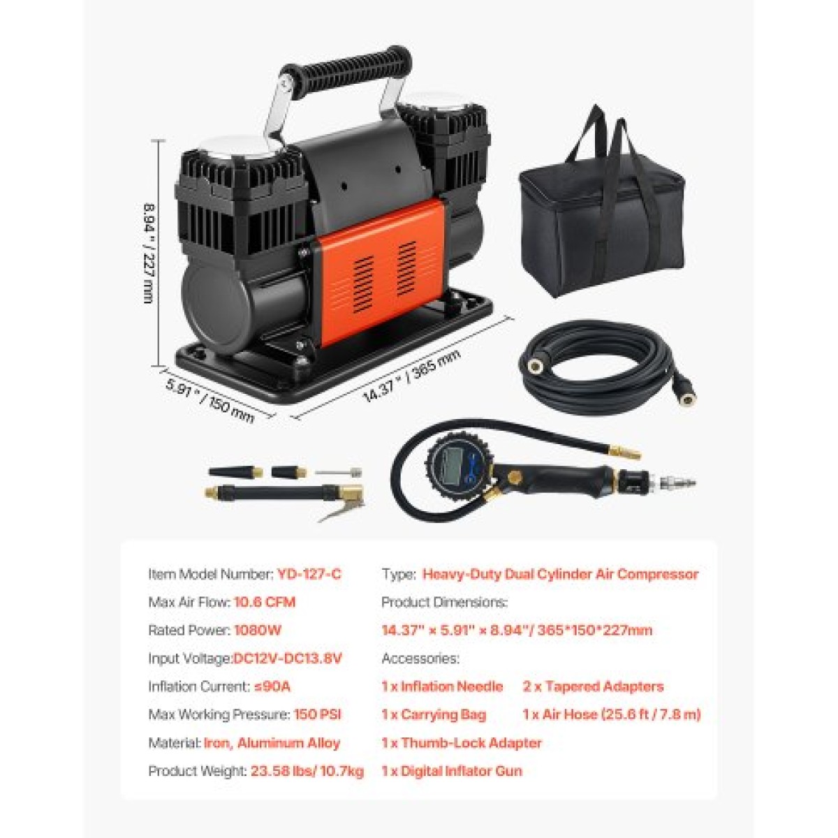 VEVOR Dual-Cylinder Heavy Duty Air Compressor, φορητό φουσκωτό ελαστικών 300 L/min, 12V 150 PSI Offroad Air Pump με ψηφιακό μετρητή πίεσης & αντάπτορες για φορτηγό SUV 4 x 4 Vehicle RV