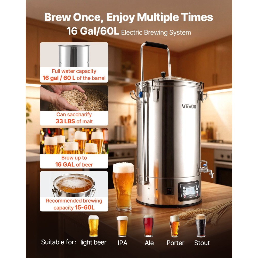 VEVOR Electric Brewing System, 16 Gal/60L Pot, 3000W Power All-in-One Home Beer Brewer with Recipe Memory, Auto/Manual Mode Mash Boil Device with Control Panel, 25-100℃ Temp & 1-180 min Timer