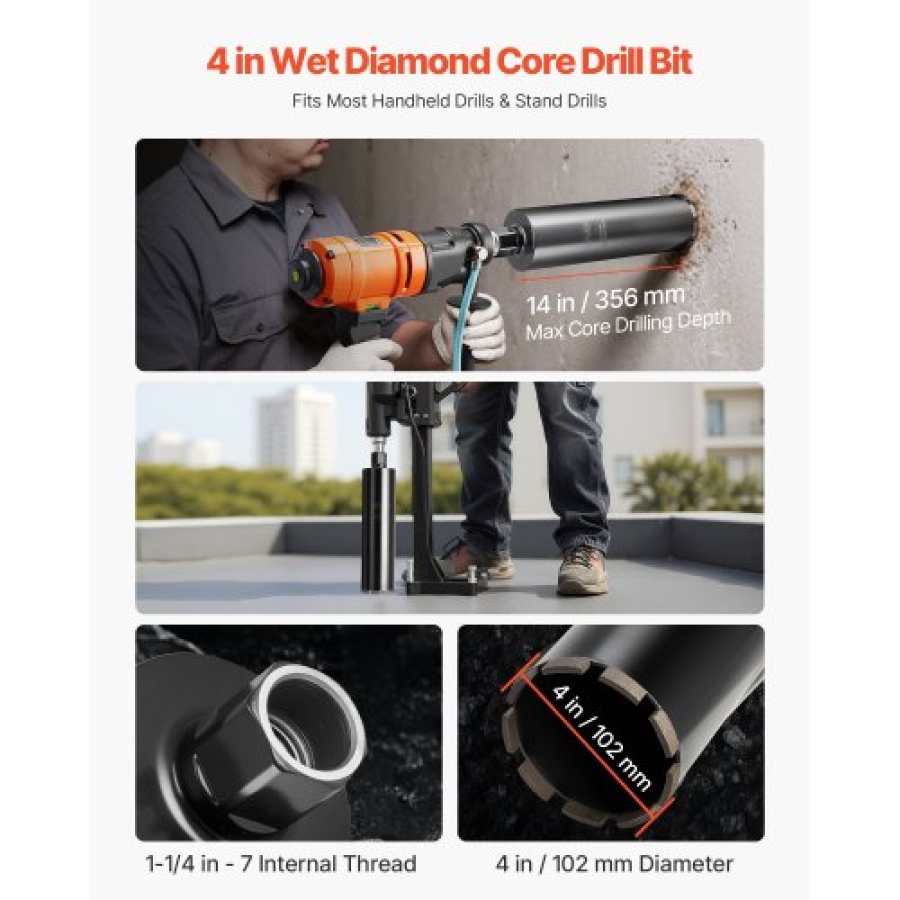 VEVOR Core Drill Bit, 102 mm Diameter, 356 mm Drilling Depth, 1-1/4 in-7 Internal Thread, High-Precision Welding Technology, Wet Diamond Core Bit for Reinforced Concrete, Red Bricks, and Masonry