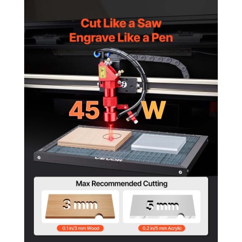 VEVOR 45W CO2 Laser Engraver, 300 x 200 mm, Desktop Co2 Laser Engraver Cutter Machine με περιστροφικό άξονα, Air Assist, Μηχάνημα χάραξης Συμβατό με LightBurn CorelDRAW GRBL, για Ξύλο Ακρυλικό Γυαλί