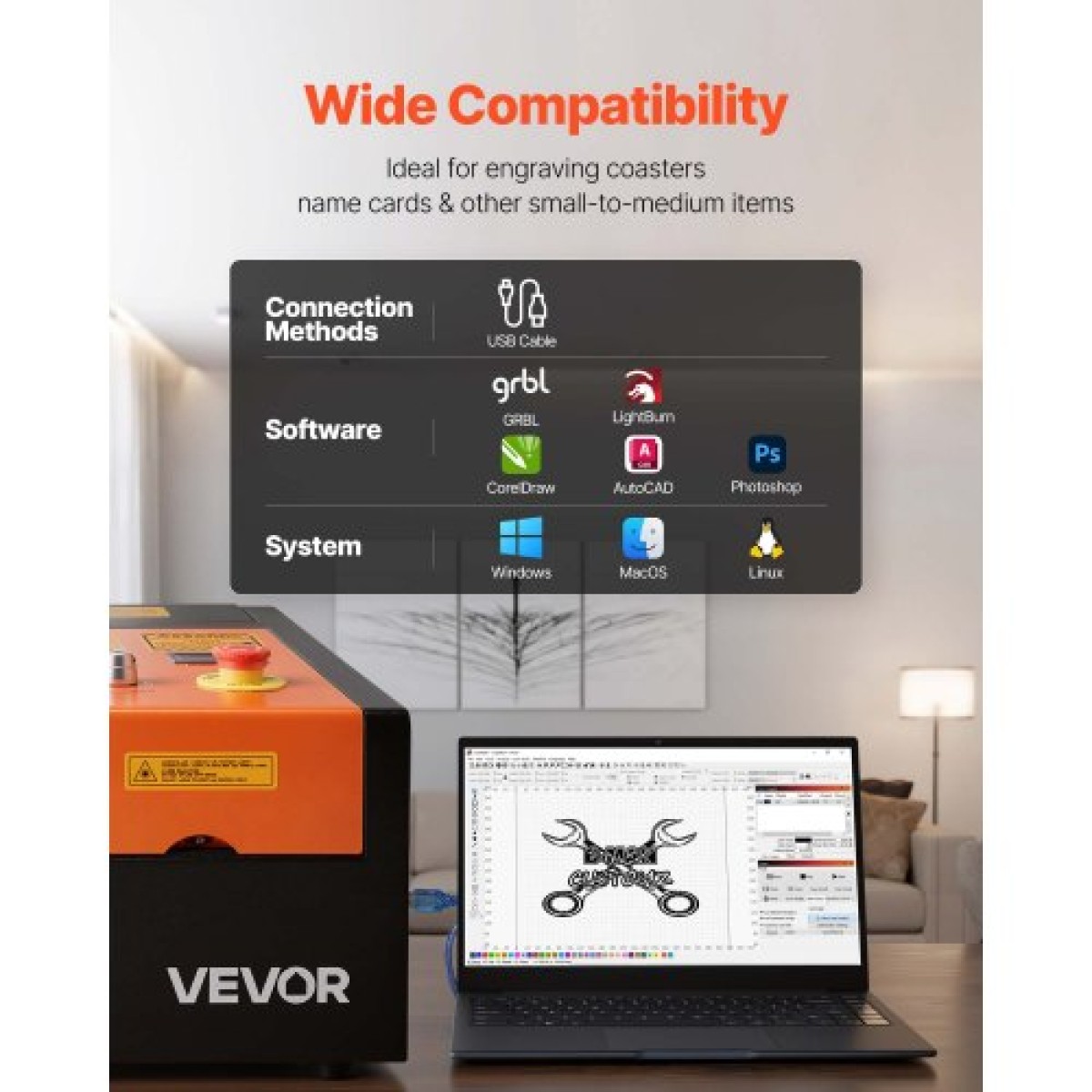 VEVOR 45W CO2 Laser Engraver, 300 x 200 mm, Desktop Co2 Laser Engraver Cutter Machine με περιστροφικό άξονα, Air Assist, Μηχάνημα χάραξης Συμβατό με LightBurn CorelDRAW GRBL, για Ξύλο Ακρυλικό Γυαλί