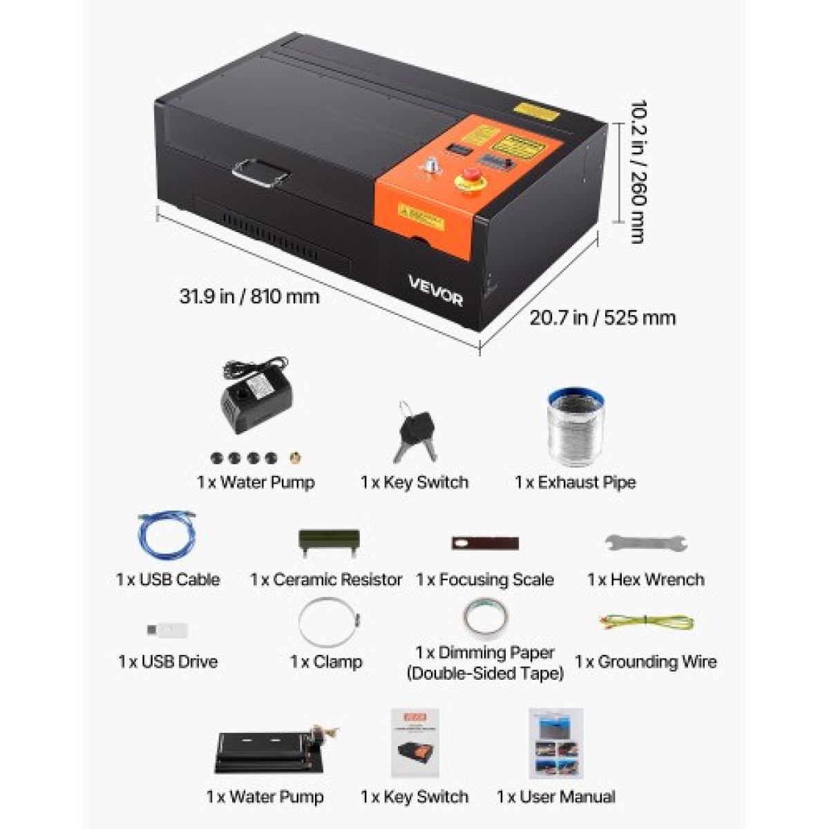 VEVOR 45W CO2 Laser Engraver, 300 x 200 mm, Desktop Co2 Laser Engraver Cutter Machine με περιστροφικό άξονα, Air Assist, Μηχάνημα χάραξης Συμβατό με LightBurn CorelDRAW GRBL, για Ξύλο Ακρυλικό Γυαλί