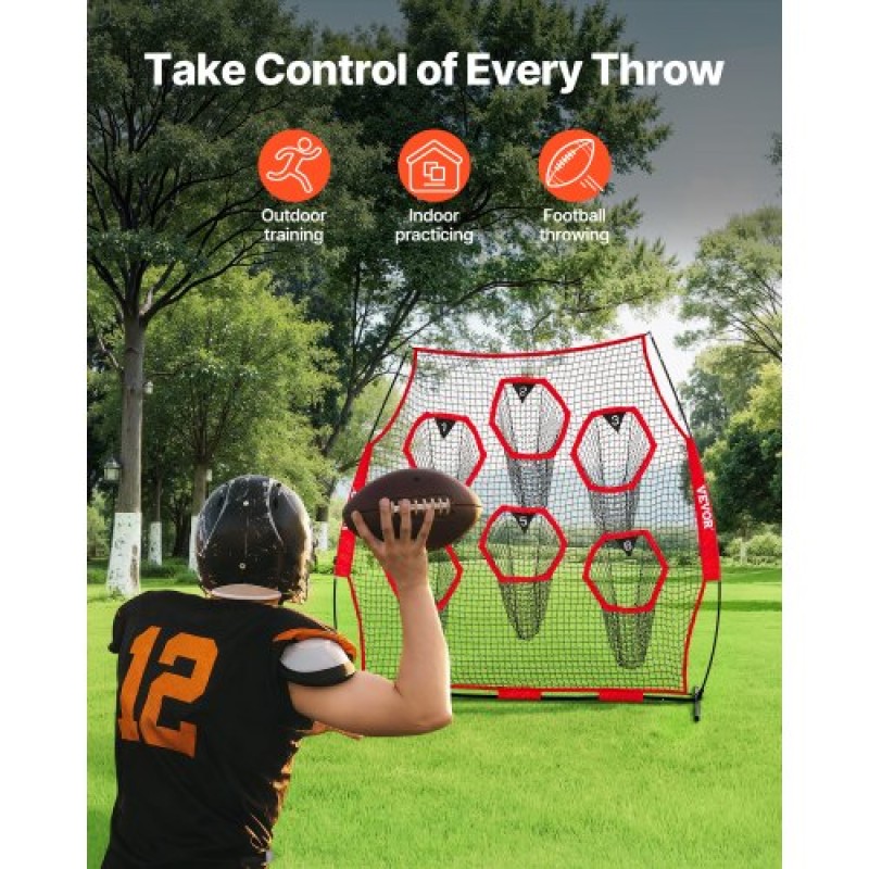 VEVOR 2438.4x2438.4mm Football Trainer Throwing Net, Training Throwing Target Practice Net with 6 Target Pockets, Knotless Net Includes Straps and Portable Carry Case, Improve QB Throwing Accuracy,Red