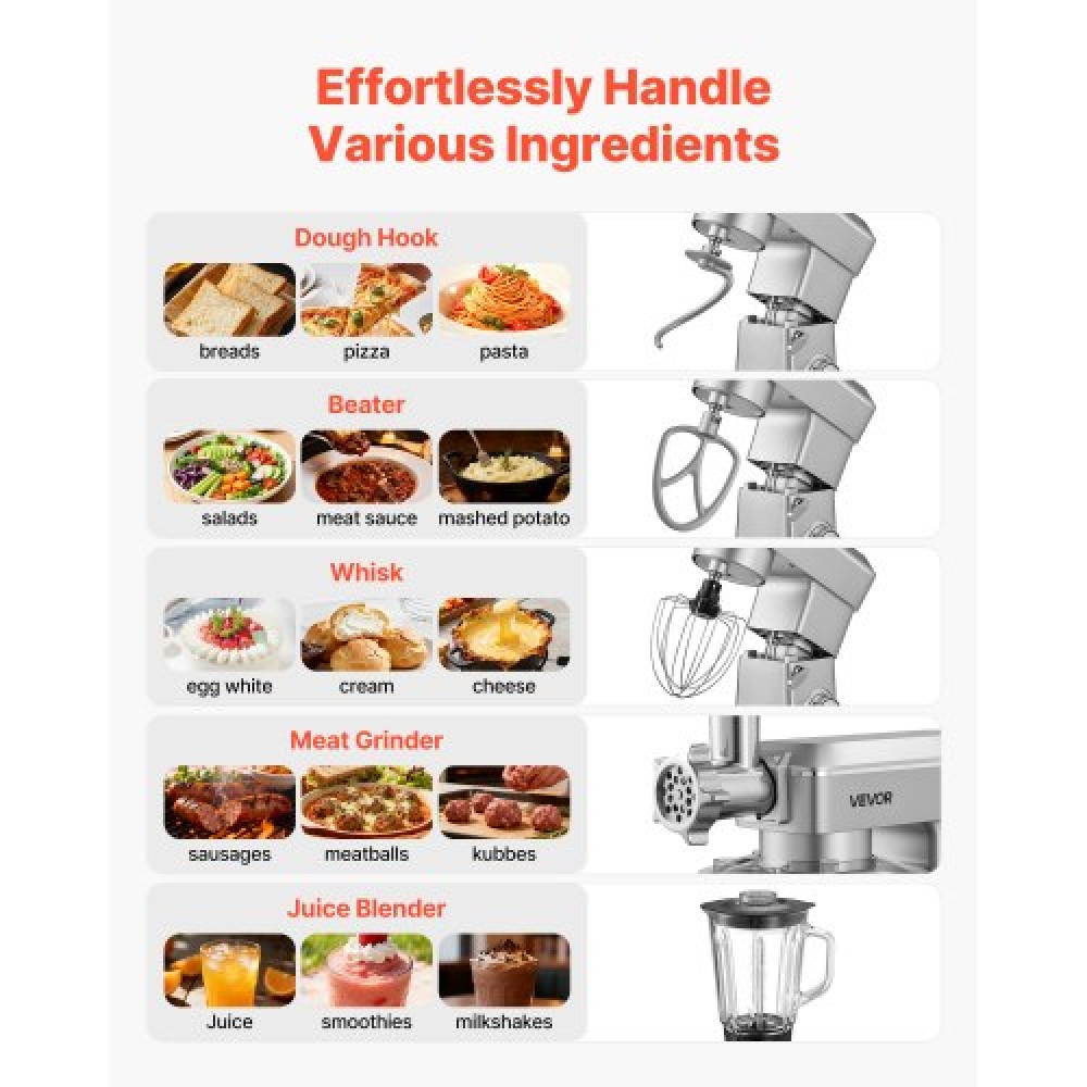 VEVOR Stand Mixer, 4.3 L Electric Kitchen Mixer, 1300W Dough-Mixer, 6+P Speeds Tilt-head Food-Mixer with 1.5 L Blender Cup, Stainless Steel Bowl, Dough Hook, Whisk, Beater, for Baking, Mixing, Silver