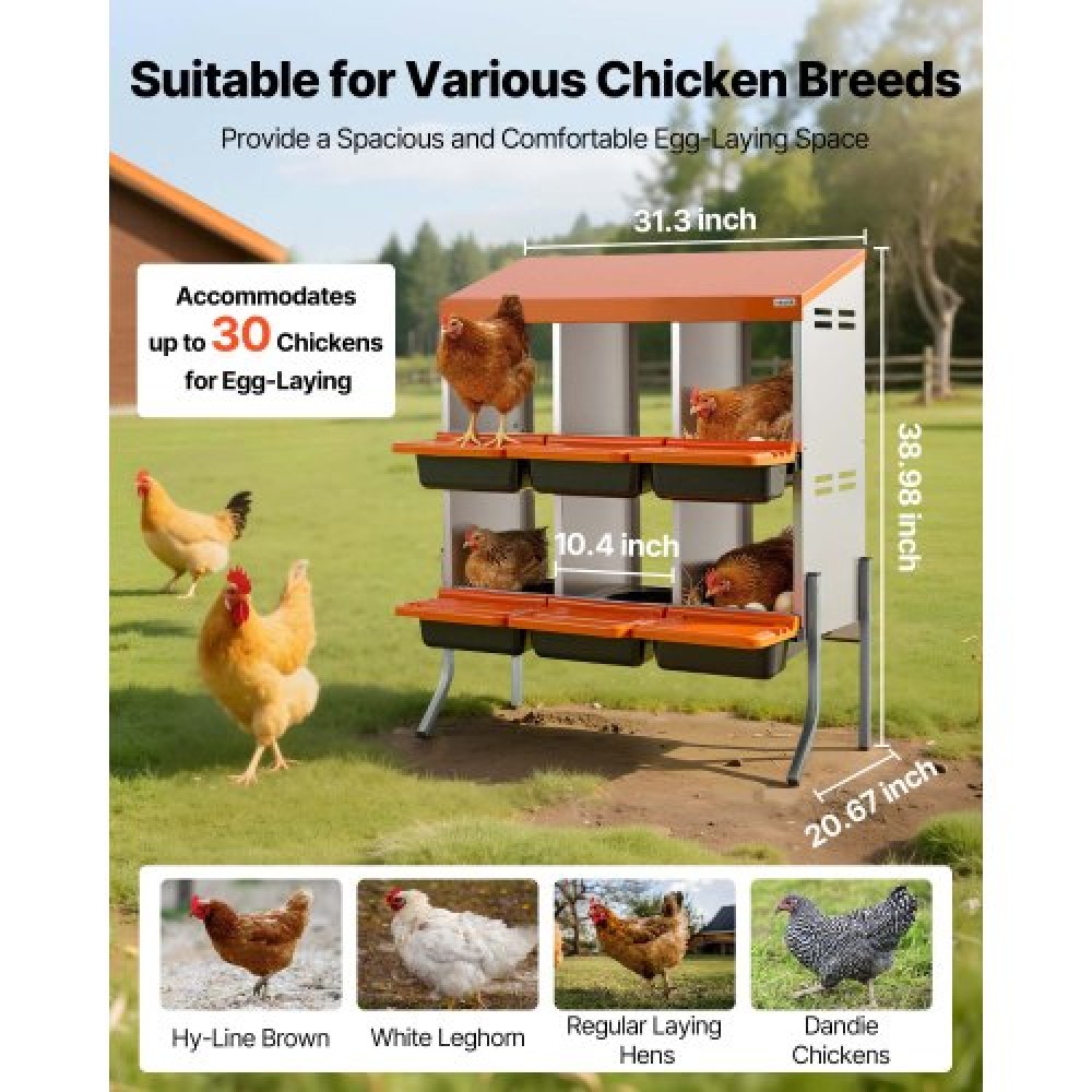 VEVOR Chicken Nesting Boxes, 6 Compartments, with Support Legs, Easy Egg Collection, Galvanized Steel and High-Strength Plastic, Roll Away Nesting Boxes for Chickens and Hens Laying Eggs, Orange