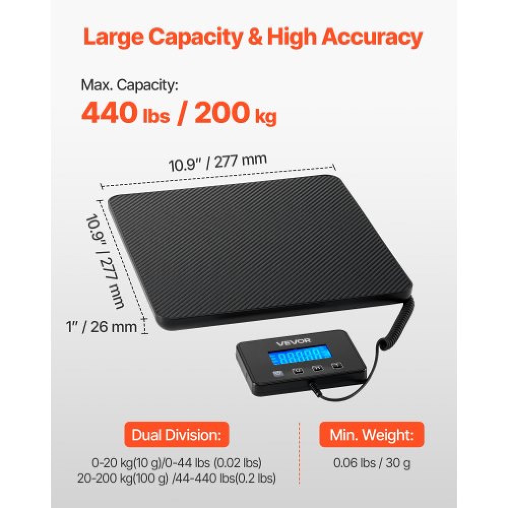 Ψηφιακή ταχυδρομική ζυγαριά VEVOR, 10 g/100 g Διπλής ακρίβειας, Εμπορική ζυγαριά βάρους 200 kg με λειτουργία Hold/Tare & οθόνη LCD, Κατάλληλη για πακέτα, ταχυδρομικά τέλη, αποσκευές, μπαταρία και καλώδιο φόρτισης που περιλαμβάνεται