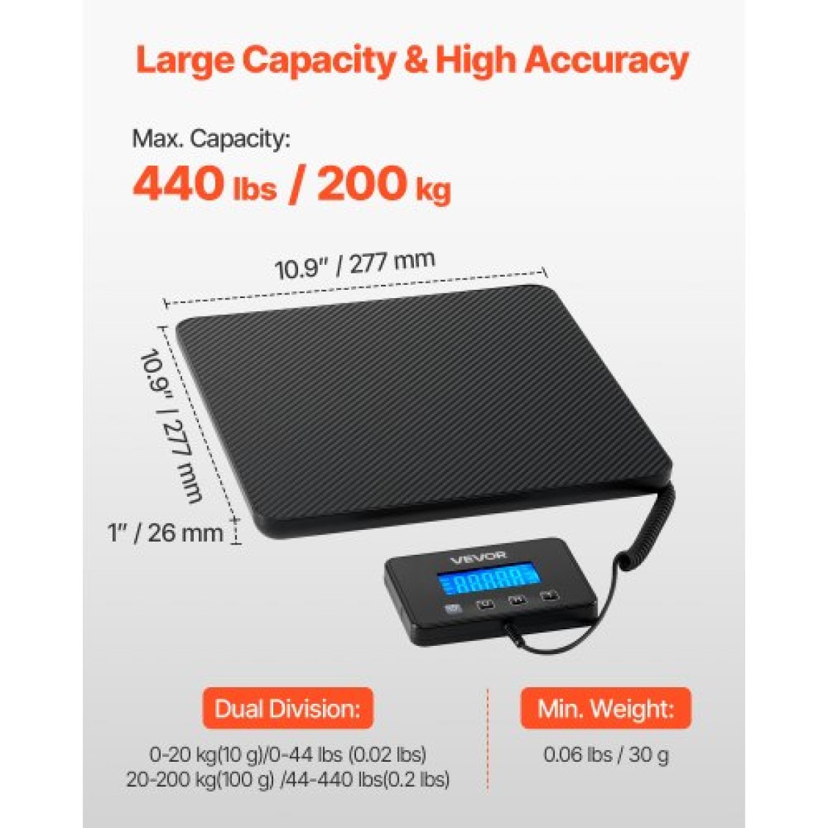 Ψηφιακή ταχυδρομική ζυγαριά VEVOR, 10 g/100 g Διπλής ακρίβειας, Εμπορική ζυγαριά βάρους 200 kg με λειτουργία Hold/Tare & οθόνη LCD, Κατάλληλη για πακέτα, ταχυδρομικά τέλη, αποσκευές, μπαταρία και καλώδιο φόρτισης που περιλαμβάνεται