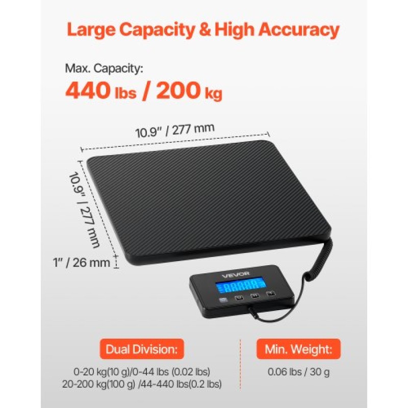 Ψηφιακή ταχυδρομική ζυγαριά VEVOR, 10 g/100 g Διπλής ακρίβειας, Εμπορική ζυγαριά βάρους 200 kg με λειτουργία Hold/Tare & οθόνη LCD, Κατάλληλη για πακέτα, ταχυδρομικά τέλη, αποσκευές, μπαταρία και καλώδιο φόρτισης που περιλαμβάνεται