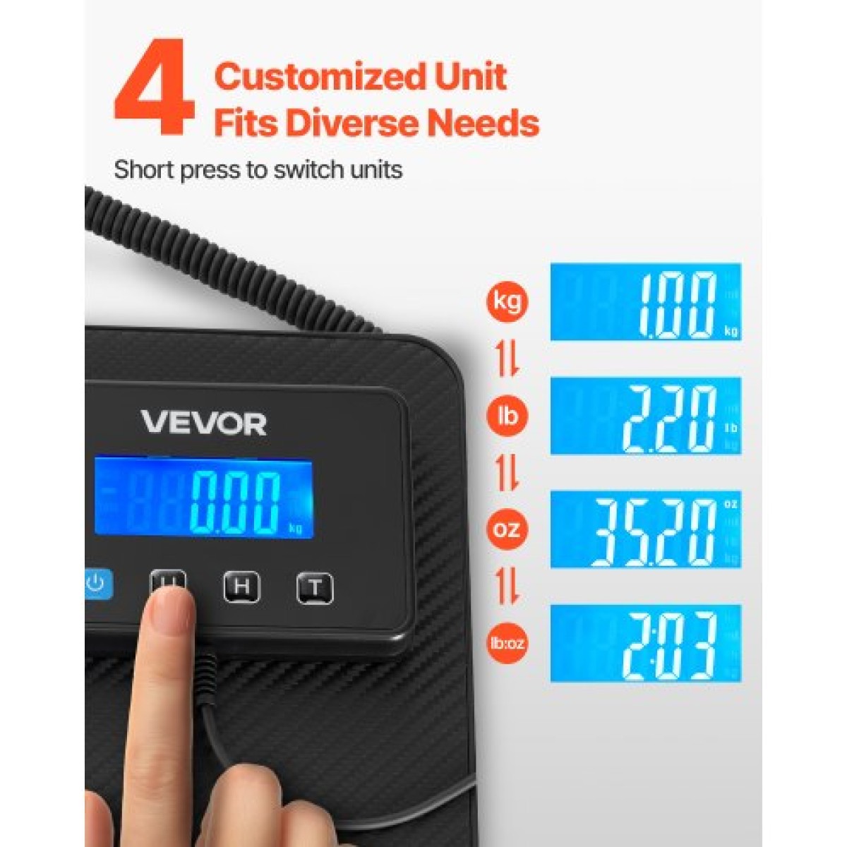 Ψηφιακή ταχυδρομική ζυγαριά VEVOR, 10 g/100 g Διπλής ακρίβειας, Εμπορική ζυγαριά βάρους 200 kg με λειτουργία Hold/Tare & οθόνη LCD, Κατάλληλη για πακέτα, ταχυδρομικά τέλη, αποσκευές, μπαταρία και καλώδιο φόρτισης που περιλαμβάνεται
