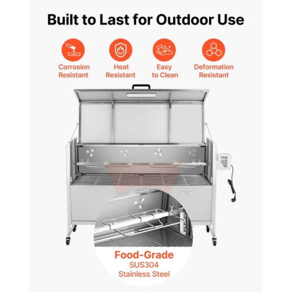 Ψησταριά VEVOR, ψηστιέρα ψησίματος 38W BBQ εξωτερικού χώρου, Ψητά σούβλας με κάρβουνο με χωρητικότητα 60 κιλών, ρόδες & ύψος 4 επιπέδων, κιτ ψησταριάς από ανοξείδωτο ατσάλι για κάμπινγκ σε υπαίθρια πάρτι