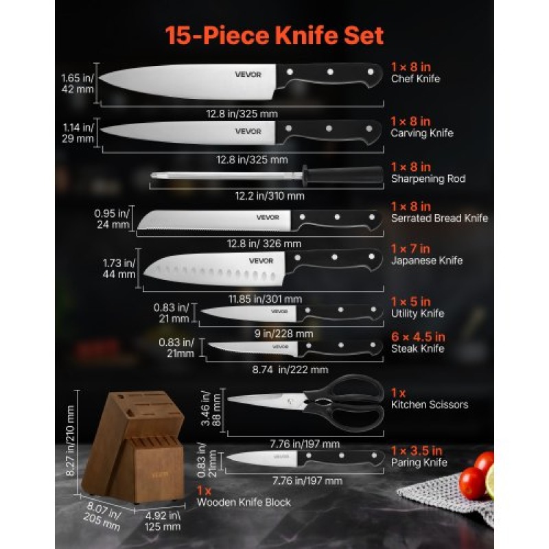 VEVOR Kitchen Knife Set with Block and Sharpener, 15 Piece German High Carbon Stainless Steel Knife Set, Kitchen Cutlery with ABS Ergonomic Handle, Sharpening Rod and Wooden Block, for Home Cooks