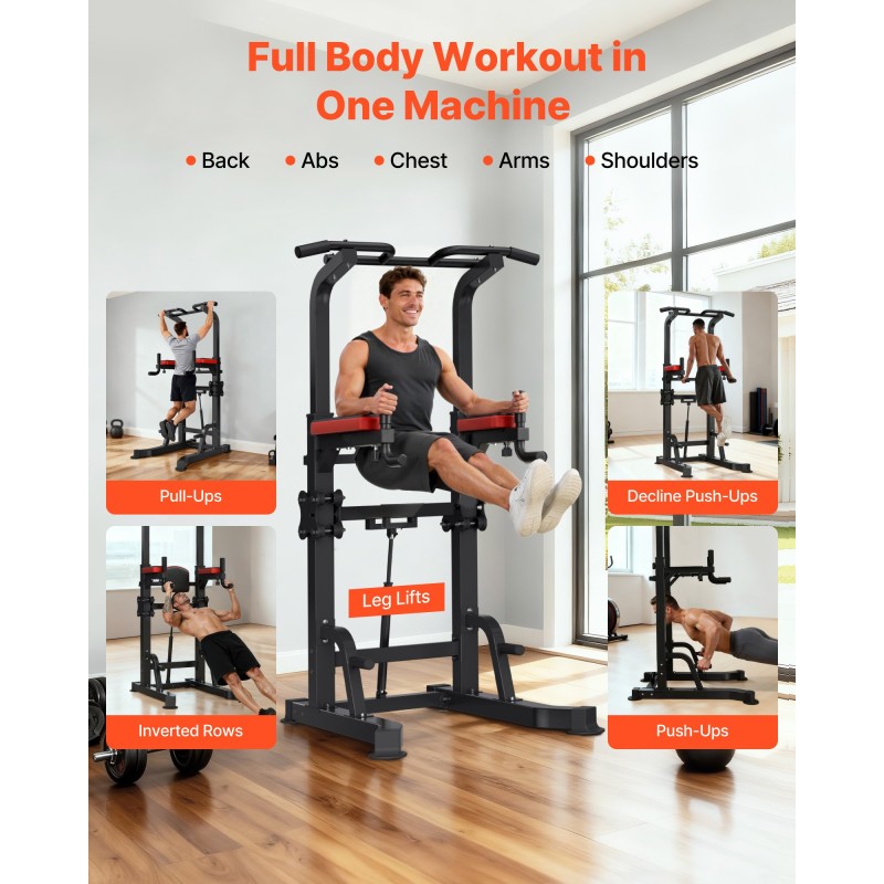 VEVOR Pull Up Bar, 150kg Power Tower Dip Station, Workout Dip Station με σταθερή βάση και πλατφόρμα υποστήριξης σχήματος H, ρυθμιζόμενη βάση στήριξης 9 επιπέδων ύψους για πλάτη, ρυθμιζόμενα μαξιλαράκια αγκώνων 3 επιπέδων