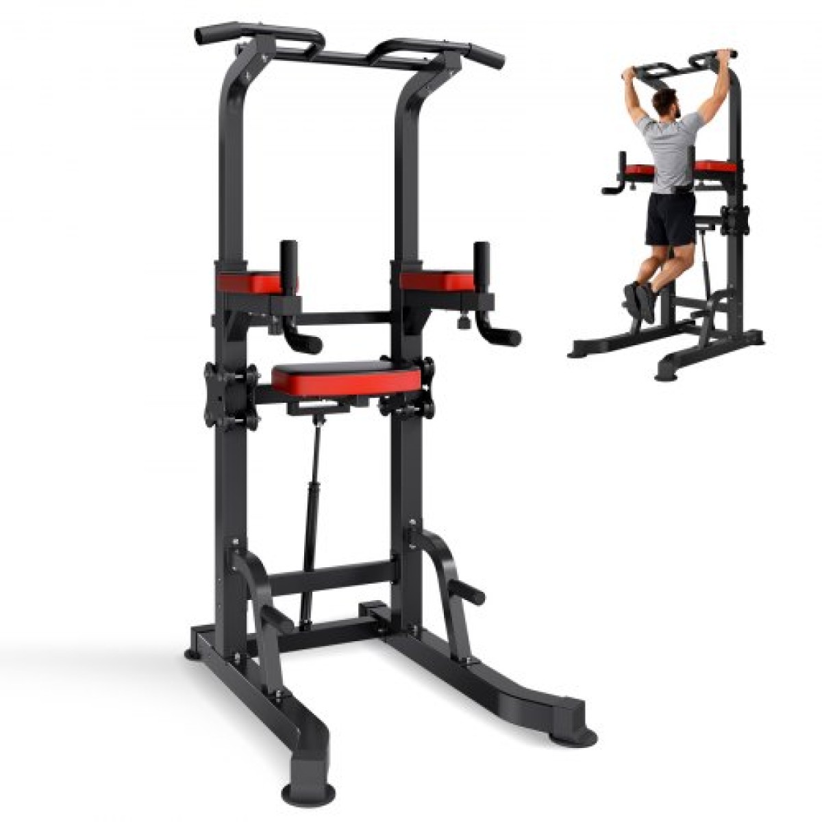 VEVOR Pull Up Bar, 150kg Power Tower Dip Station, Workout Dip Station με σταθερή βάση και πλατφόρμα υποστήριξης σχήματος H, ρυθμιζόμενη βάση στήριξης 9 επιπέδων ύψους για πλάτη, ρυθμιζόμενα μαξιλαράκια αγκώνων 3 επιπέδων