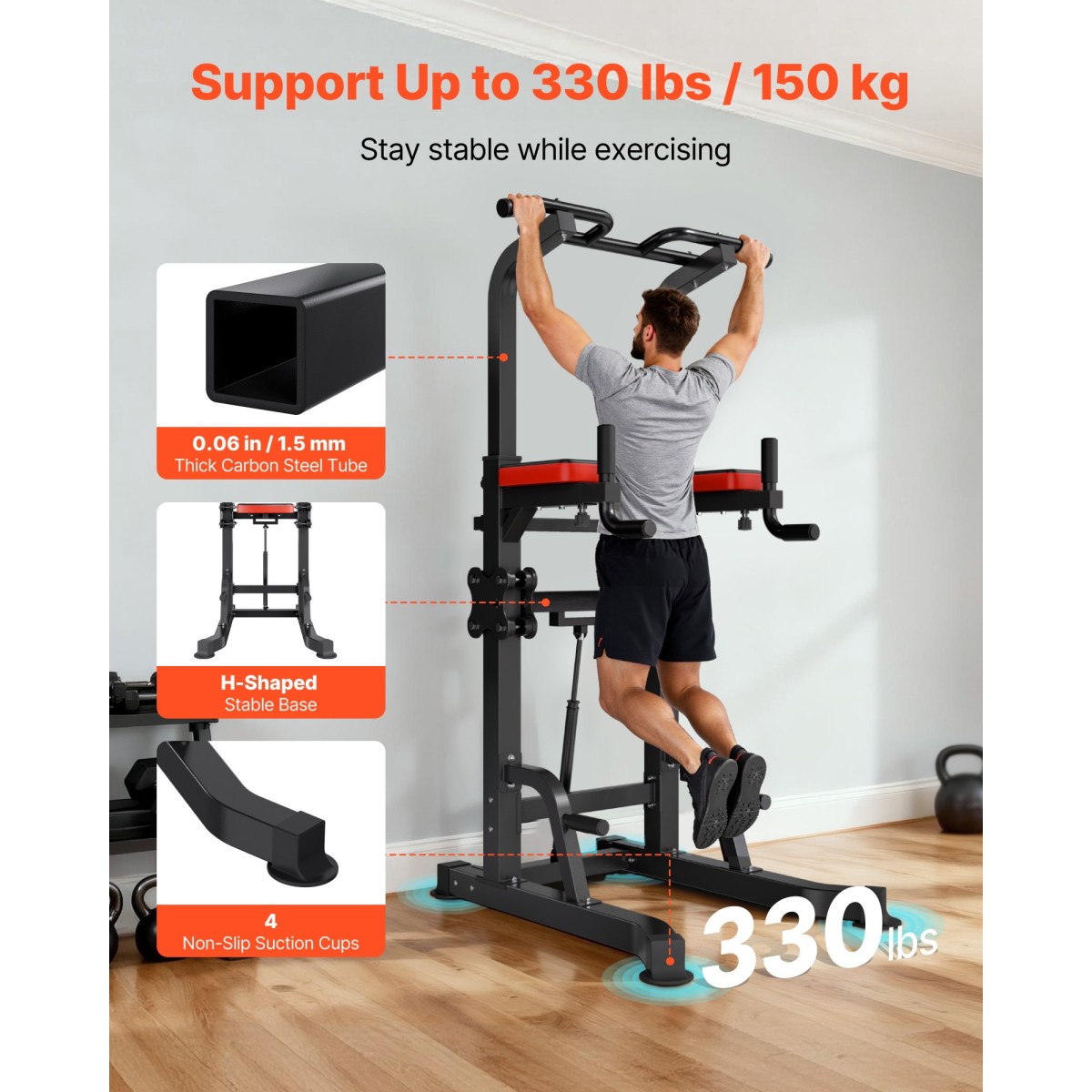 VEVOR Pull Up Bar, 150kg Power Tower Dip Station, Workout Dip Station με σταθερή βάση και πλατφόρμα υποστήριξης σχήματος H, ρυθμιζόμενη βάση στήριξης 9 επιπέδων ύψους για πλάτη, ρυθμιζόμενα μαξιλαράκια αγκώνων 3 επιπέδων