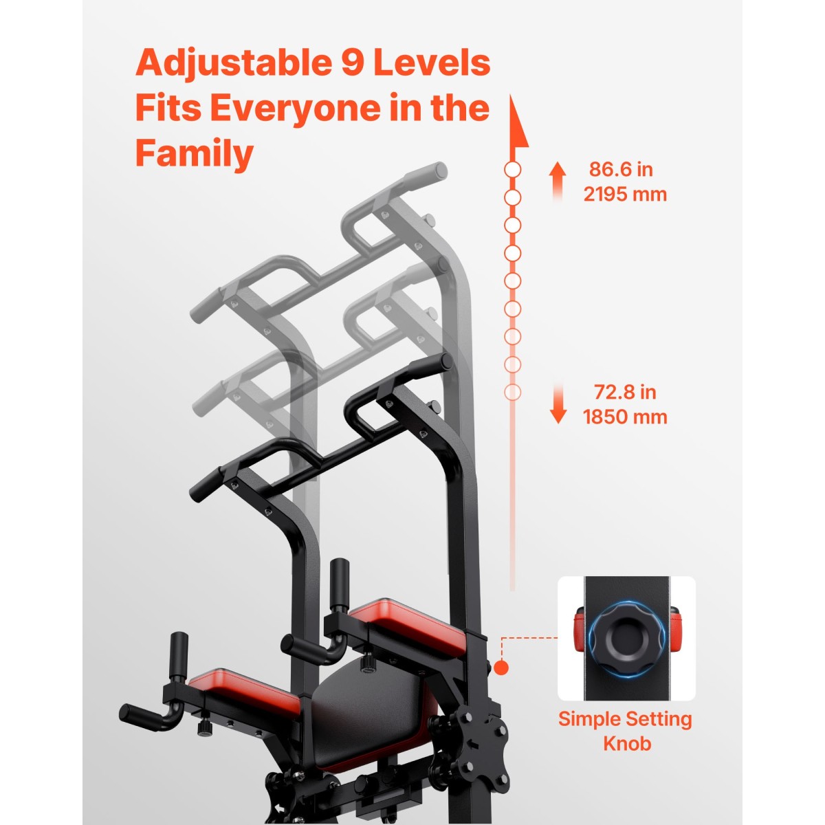 VEVOR Pull Up Bar, 150kg Power Tower Dip Station, Workout Dip Station με σταθερή βάση και πλατφόρμα υποστήριξης σχήματος H, ρυθμιζόμενη βάση στήριξης 9 επιπέδων ύψους για πλάτη, ρυθμιζόμενα μαξιλαράκια αγκώνων 3 επιπέδων
