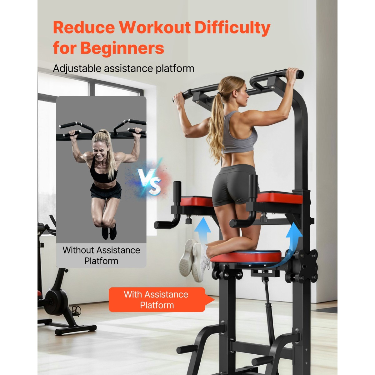 VEVOR Pull Up Bar, 150kg Power Tower Dip Station, Workout Dip Station με σταθερή βάση και πλατφόρμα υποστήριξης σχήματος H, ρυθμιζόμενη βάση στήριξης 9 επιπέδων ύψους για πλάτη, ρυθμιζόμενα μαξιλαράκια αγκώνων 3 επιπέδων