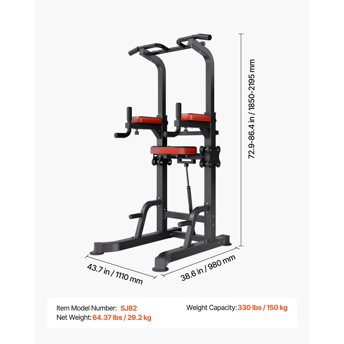 VEVOR Pull Up Bar, 150kg Power Tower Dip Station, Workout Dip Station με σταθερή βάση και πλατφόρμα υποστήριξης σχήματος H, ρυθμιζόμενη βάση στήριξης 9 επιπέδων ύψους για πλάτη, ρυθμιζόμενα μαξιλαράκια αγκώνων 3 επιπέδων