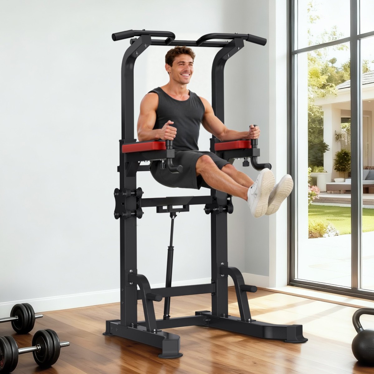 VEVOR Pull Up Bar, 150kg Power Tower Dip Station, Workout Dip Station με σταθερή βάση και πλατφόρμα υποστήριξης σχήματος H, ρυθμιζόμενη βάση στήριξης 9 επιπέδων ύψους για πλάτη, ρυθμιζόμενα μαξιλαράκια αγκώνων 3 επιπέδων