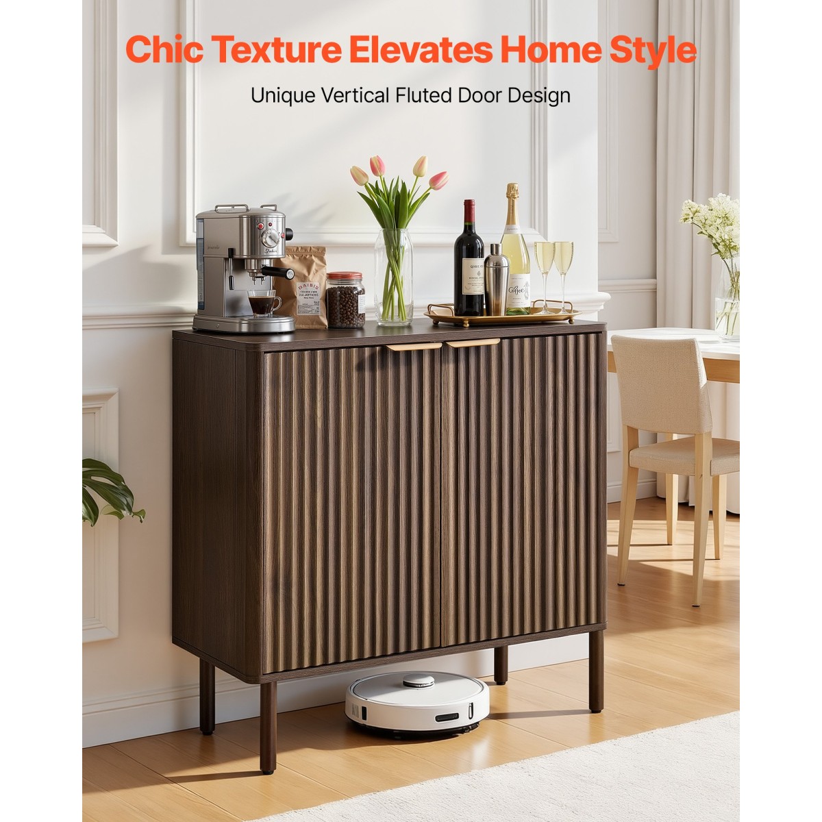 Έπιπλο VEVOR Coffee Bar, Τραπέζι Coffee Bar με αυλακώσεις Mid Century με χώρο αποθήκευσης 2 επιπέδων, ντουλάπι σε μπουφέ με πόρτα αχυρώνα, μπουφές μπουφέ για σαλόνι, είσοδος, 80 x 37,5 x 80 cm Καρυδιά