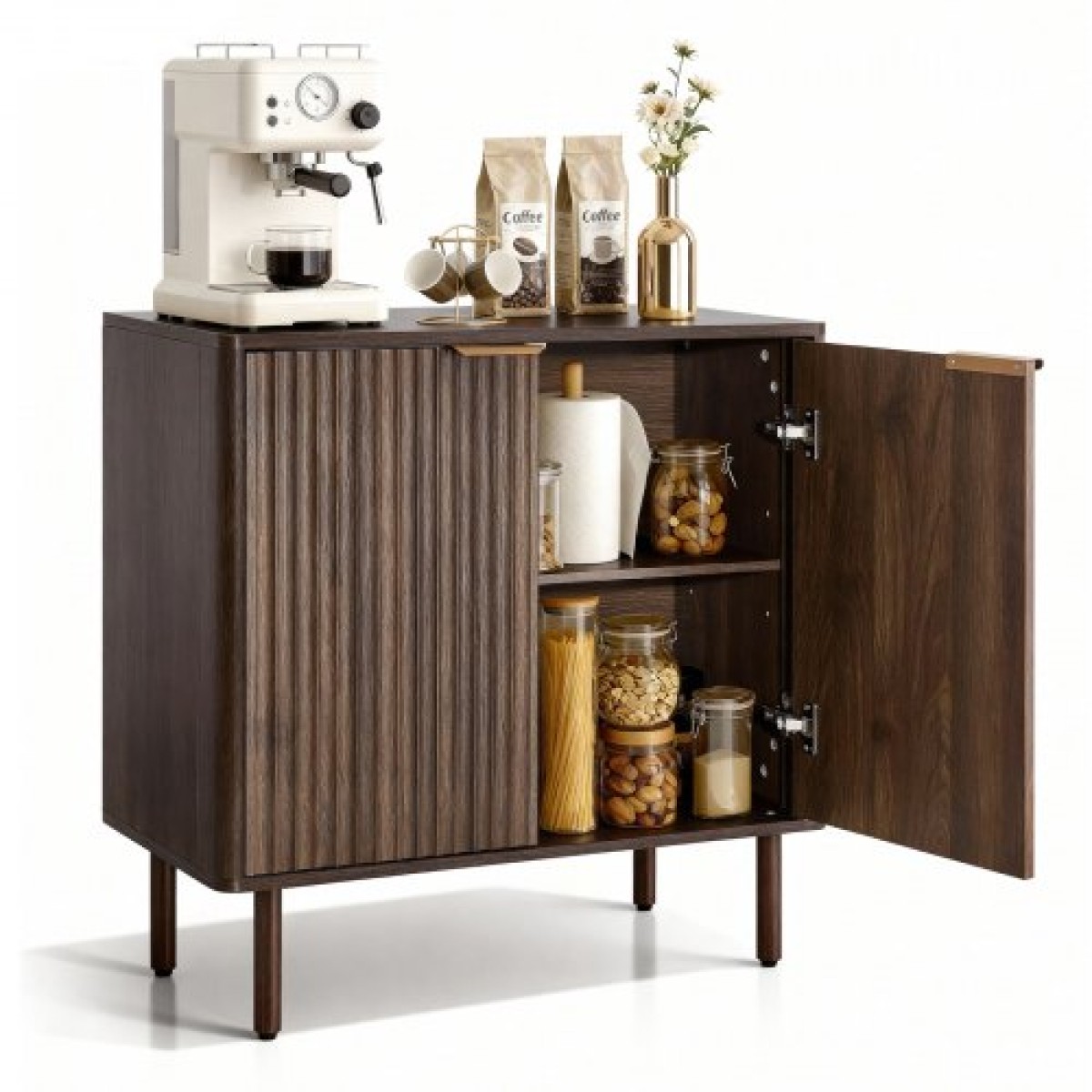 Έπιπλο VEVOR Coffee Bar, Τραπέζι Coffee Bar με αυλακώσεις Mid Century με χώρο αποθήκευσης 2 επιπέδων, ντουλάπι σε μπουφέ με πόρτα αχυρώνα, μπουφές μπουφέ για σαλόνι, είσοδος, 80 x 37,5 x 80 cm Καρυδιά