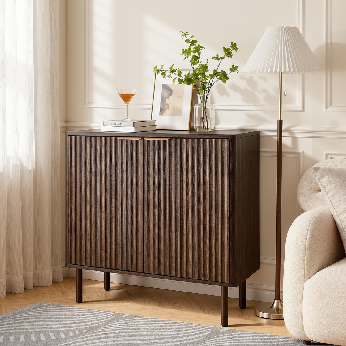 Έπιπλο VEVOR Coffee Bar, Τραπέζι Coffee Bar με αυλακώσεις Mid Century με χώρο αποθήκευσης 2 επιπέδων, ντουλάπι σε μπουφέ με πόρτα αχυρώνα, μπουφές μπουφέ για σαλόνι, είσοδος, 80 x 37,5 x 80 cm Καρυδιά