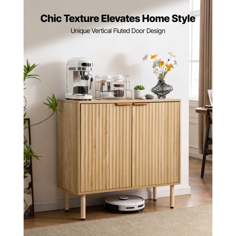 Ντουλάπα καφέ VEVOR Coffee Bar, Mid Century Fluted Coffee Bar Τραπέζι με χώρο αποθήκευσης 2 επιπέδων, ντουλάπι σε μπουφέ με 2 πόρτες αχυρώνα, μπουφές μπουφέ για σαλόνι, είσοδος, 80 x 37,5 x 80 cm, δρυς