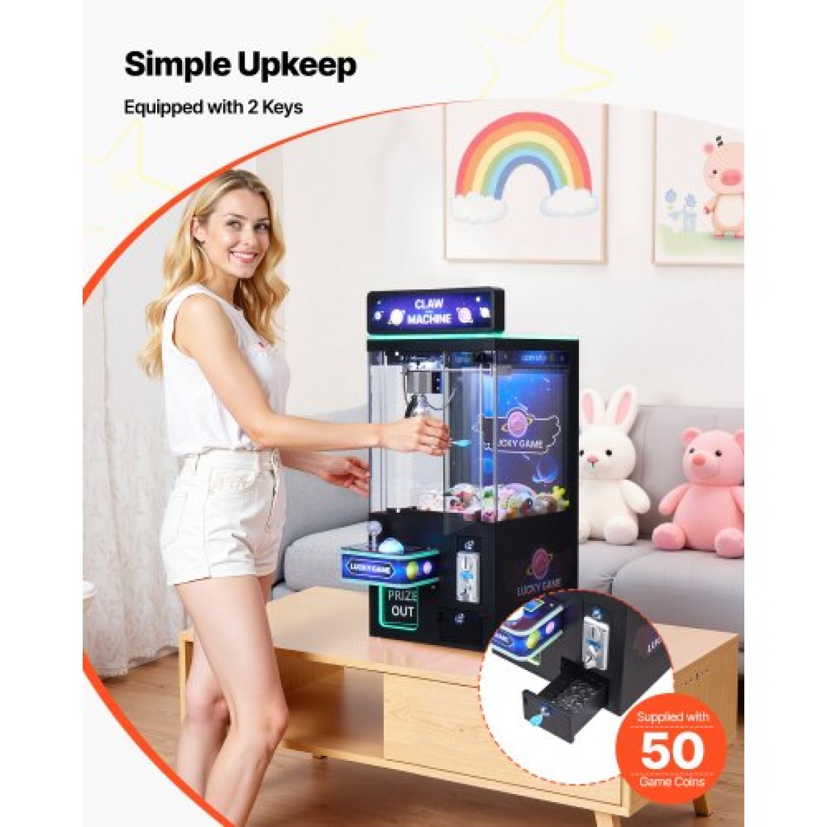 Μηχάνημα VEVOR Claw Crane, Παιχνιδομηχανή Arcade μεσαίου μεγέθους με φως και ήχο, ρυθμιζόμενα ατσάλινα νύχια, ακριβές παιχνίδι πώλησης καραμέλας Grabber Prize Dispenser Παιχνίδι πώλησης, για εμπορικούς οικιακούς κινηματογράφους, Μαύρο Μωβ