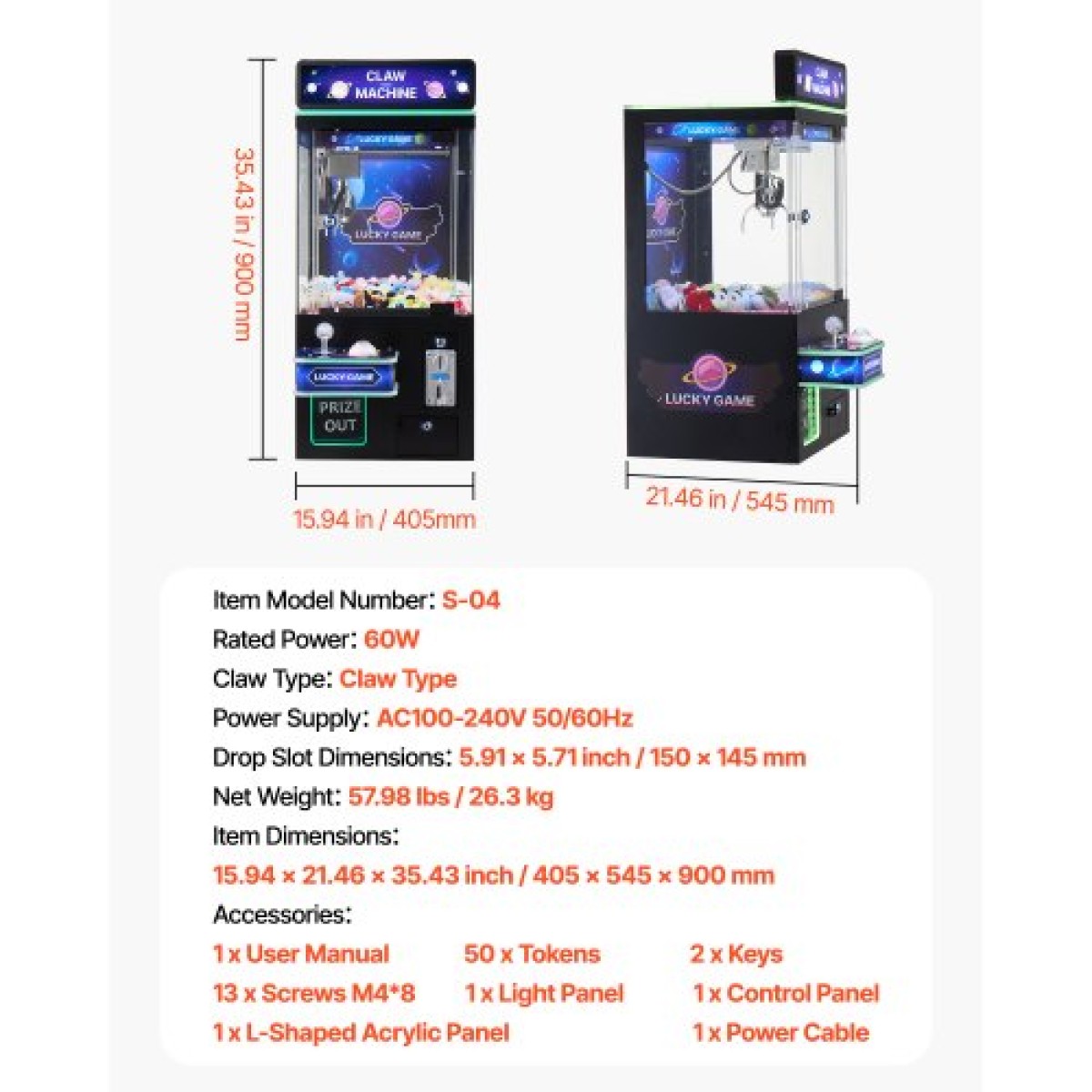 Μηχάνημα VEVOR Claw Crane, Παιχνιδομηχανή Arcade μεσαίου μεγέθους με φως και ήχο, ρυθμιζόμενα ατσάλινα νύχια, ακριβές παιχνίδι πώλησης καραμέλας Grabber Prize Dispenser Παιχνίδι πώλησης, για εμπορικούς οικιακούς κινηματογράφους, Μαύρο Μωβ