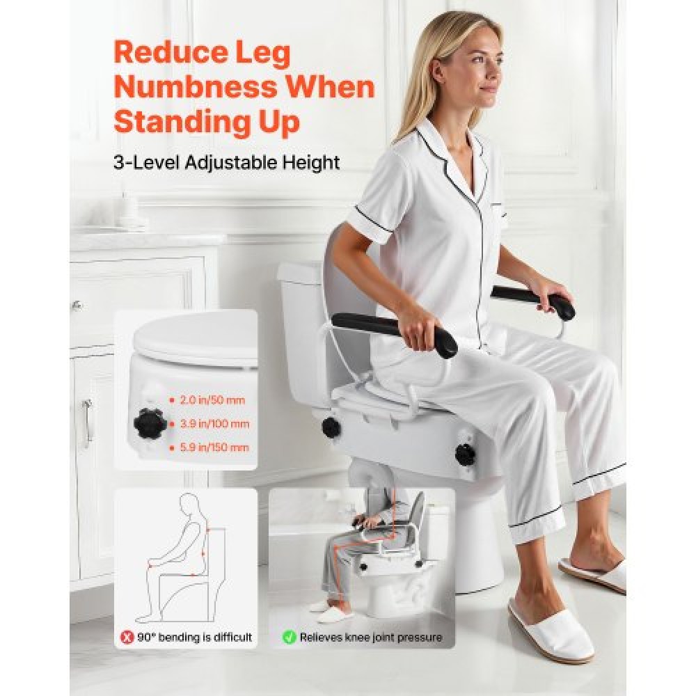 VEVOR Raised Toilet Seat with Arms, 136.1 kg Load Capacity, 3-Level Adjustable Height, Widened Commode Elevated Toilet Seat Riser with Padded Handles for Seniors, Elderly, Handicap, Disabled, Adults