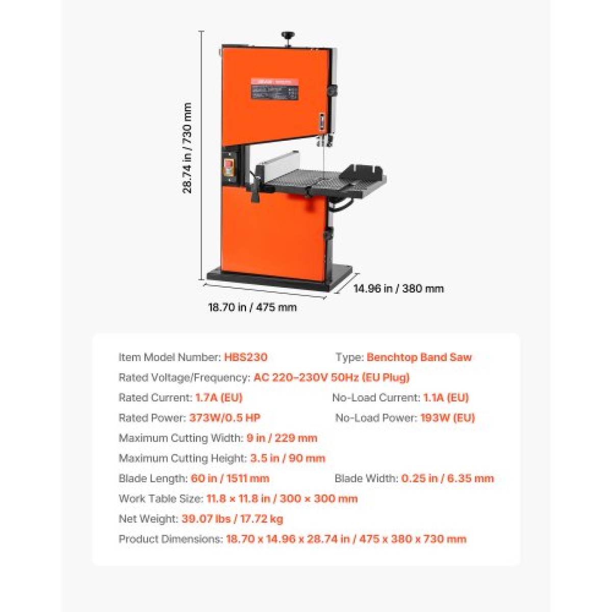 Πριόνι ταινίας VEVOR, 229 mm, Πριόνι πάγκου επεξεργασίας ξύλου με μοτέρ 373W 1/2 HP, Μέγιστο ύψος κοπής 90 mm, Τραπέζι από χυτό αλουμίνιο 300 x 300 mm, εύρος κλίσης 0-45°, με μετρητή πλάτης, φράχτη, για επεξεργασία ξύλου