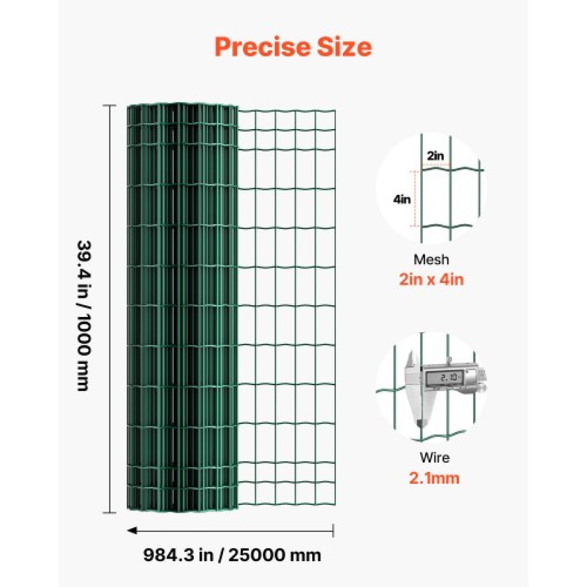 VEVOR Farm Fence, 1 x 25 m, 2 x 4 in Mesh Περίφραξη από γαλβανισμένο ατσάλινο σύρμα 2,1 mm για βοοειδή, γουρούνια και πρόβατα, βαρέως τύπου περίφραξη ζωικού κεφαλαίου με επίστρωση βινυλίου για περιβλήματα ζώων, σύρμα κλουβιού, φράχτες κήπου, πράσινο