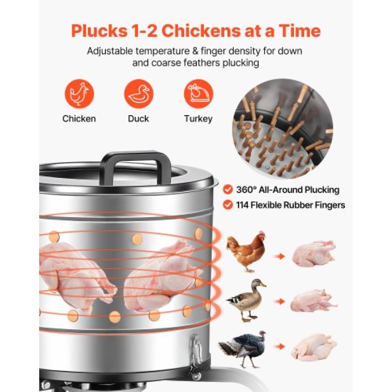 VEVOR Chicken Plucker Machine, 400mm Drum, 500W & 230RPM Electric Chicken Plucking Machine με 114 μαλακά δάχτυλα & τροχούς μεταφοράς, αφαίρεση φτερού από ανοξείδωτο χάλυβα για επεξεργασία 1-2 νεοσσών μία φορά
