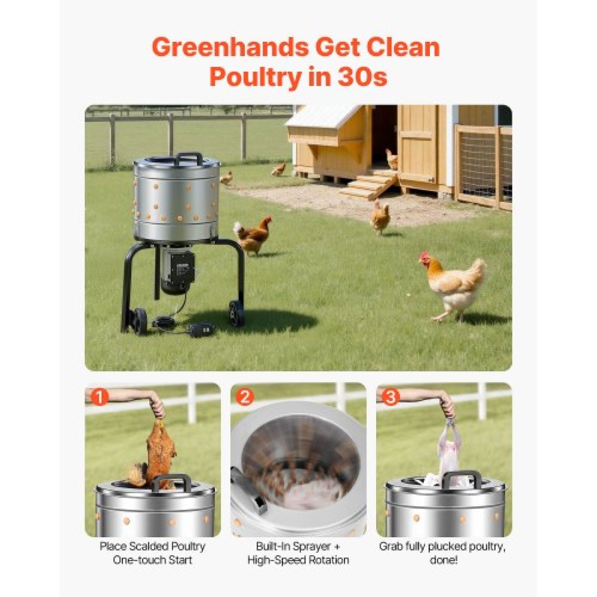 VEVOR Chicken Plucker Machine, 400mm Drum, 500W & 230RPM Electric Chicken Plucking Machine με 114 μαλακά δάχτυλα & τροχούς μεταφοράς, αφαίρεση φτερού από ανοξείδωτο χάλυβα για επεξεργασία 1-2 νεοσσών μία φορά