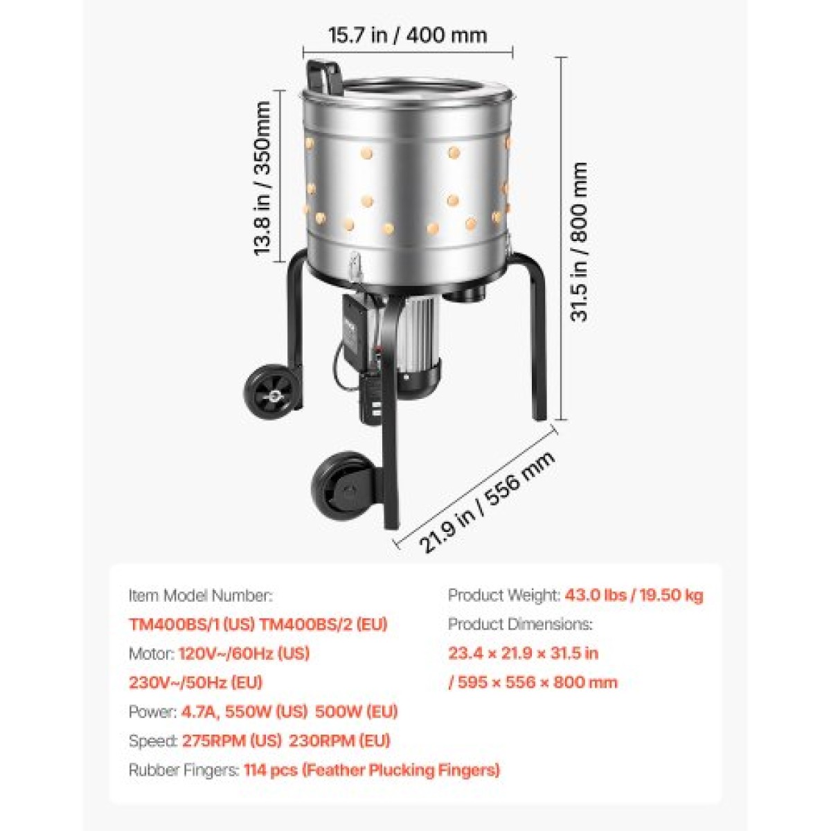VEVOR Chicken Plucker Machine, 400mm Drum, 500W & 230RPM Electric Chicken Plucking Machine με 114 μαλακά δάχτυλα & τροχούς μεταφοράς, αφαίρεση φτερού από ανοξείδωτο χάλυβα για επεξεργασία 1-2 νεοσσών μία φορά