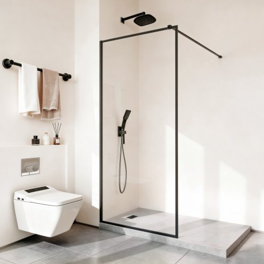 VEVOR Fixed Glass Shower Panel, 864 x 1870 mm Full-Framed Fixed Shower Screen, 8 mm Thick Clear Tempered Glass Door with Bottom Seal Strip and Hardware, Easy to Clean, for Bathroom, Matte Black