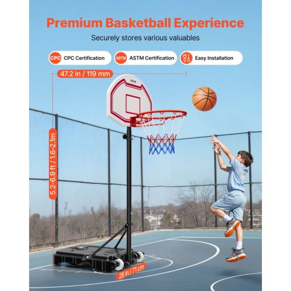 VEVOR Portable Basketball Stand, 1.6 to 2.1m Height Adjustment Basketball Hoop & Goal, Kids Adjustable Basketballs Hoop with Nylon Net & Rolling Wheels, Portable Backboard Set for Patios, Poolside