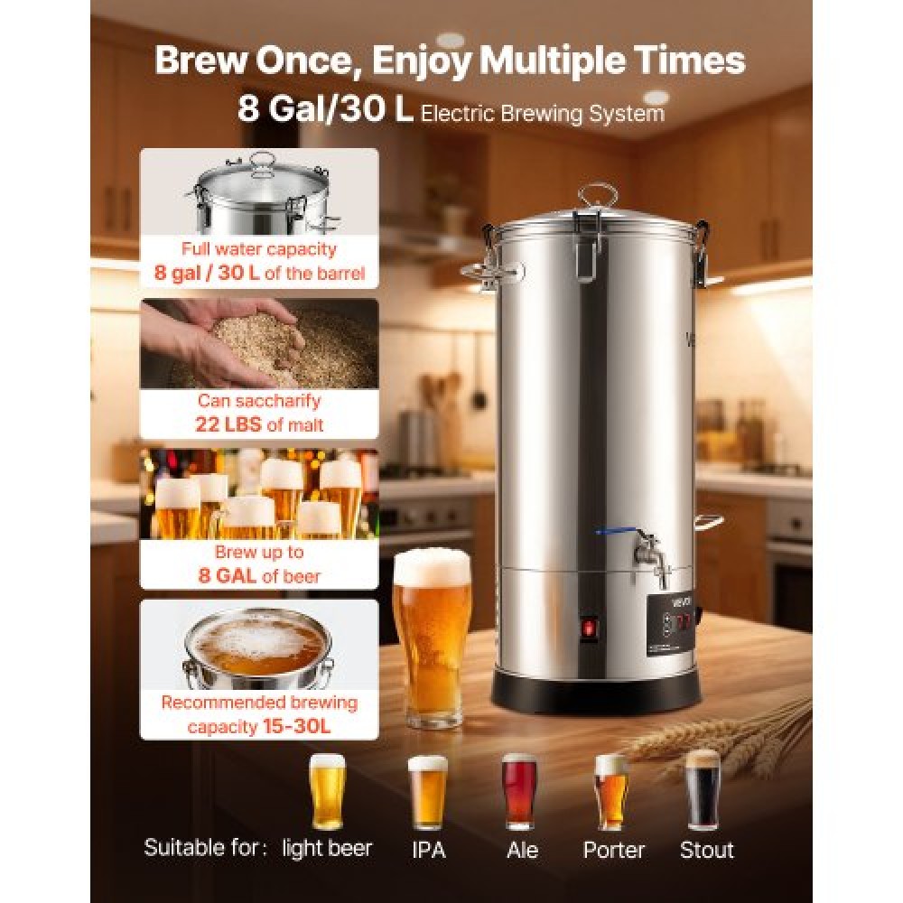 VEVOR Electric Brewing System, 8 Gal/30L Brewing Pot Home Beer Brewer, 304 Stainless Steel body, Mash Boil Device with Integrated Internal Barrel & ενισχυμένη λαβή, θερμοκρασία 25-100℃