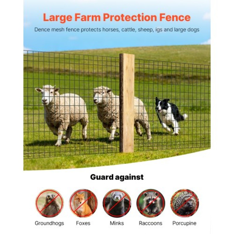 VEVOR Farm Fence, 122cm x 15,2m, 2 x 4 in Mesh 14 Gauge Περίφραξη από γαλβανισμένο ατσάλινο σύρμα για βοοειδή, γουρούνια και πρόβατα , Περιφράξεις ζώων με επίστρωση βινυλίου βαρέως τύπου για περιβλήματα ζώων, σύρμα κλουβιού, φράχτες κήπου
