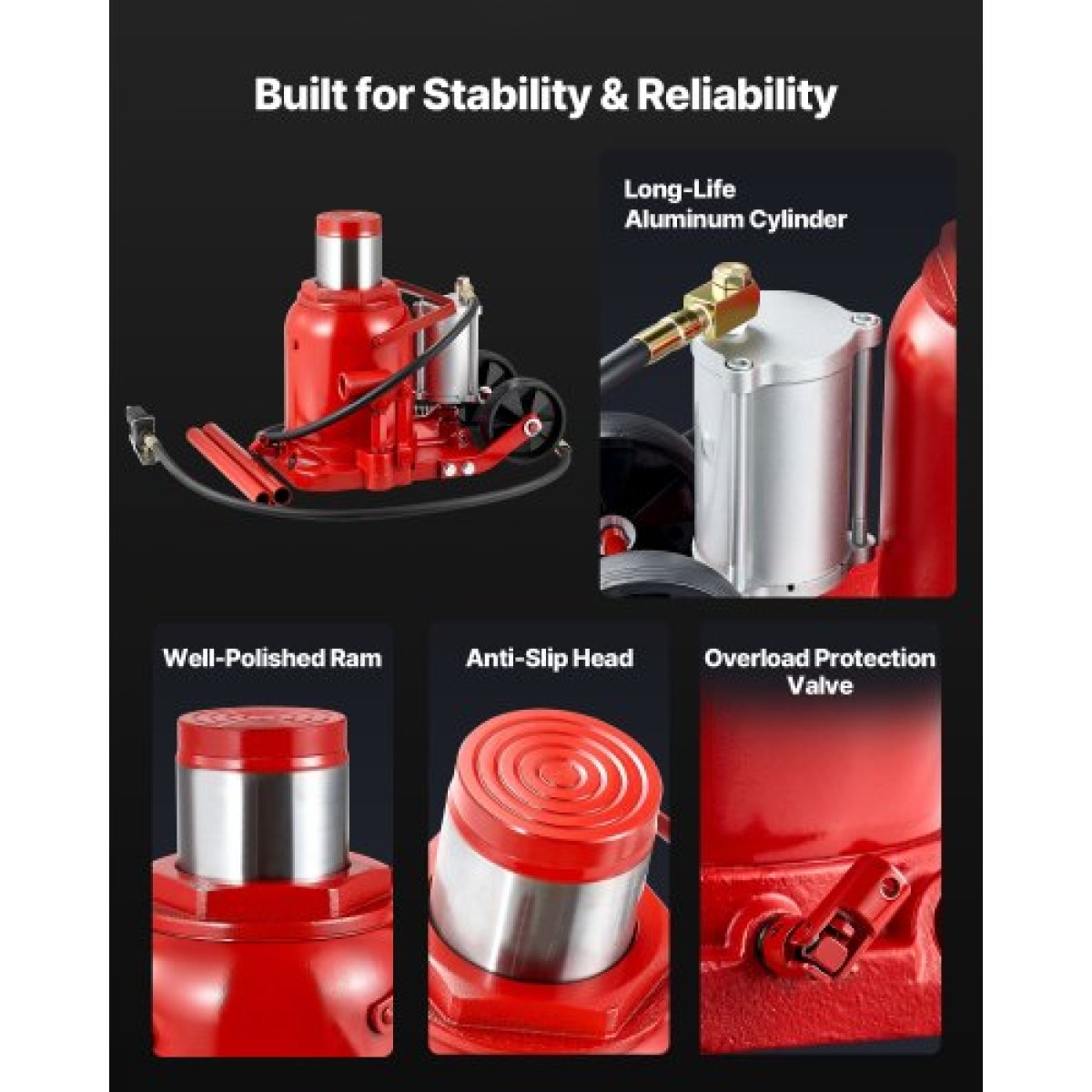 VEVOR Air Hydraulic Bottle Jack, 50 Ton (110231,5 lbs) Χωρητικότητα, Εύρος ανύψωσης 265-410 mm, Πνευματικός/Χειροκίνητος συγκολλημένος γρύλος φιάλης βαρέως τύπου με αντλία για SUV, Pickup, Truck, RV, Auto Repair, Red