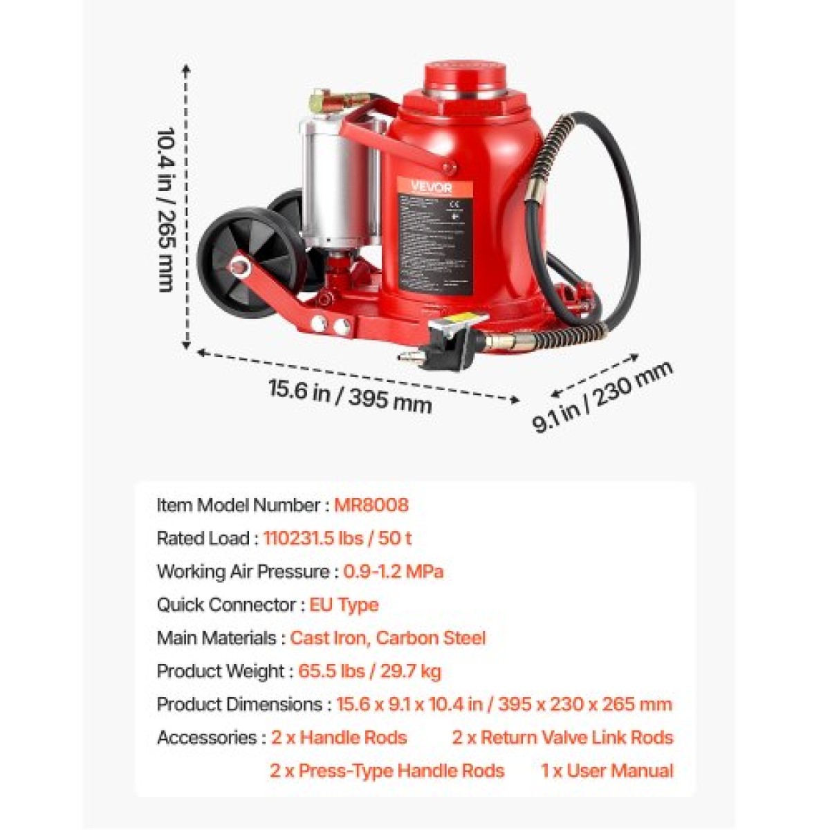 VEVOR Air Hydraulic Bottle Jack, 50 Ton (110231,5 lbs) Χωρητικότητα, Εύρος ανύψωσης 265-410 mm, Πνευματικός/Χειροκίνητος συγκολλημένος γρύλος φιάλης βαρέως τύπου με αντλία για SUV, Pickup, Truck, RV, Auto Repair, Red