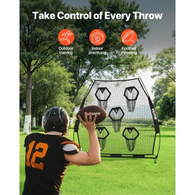 VEVOR 2133.6 x 2133.6mm Football Trainer Throwing Net, Training Throwing Target Practice Net with 5 Target Pockets, Knotless Net Includes Straps and Portable Carry Case, Improve QB Throwing Accuracy