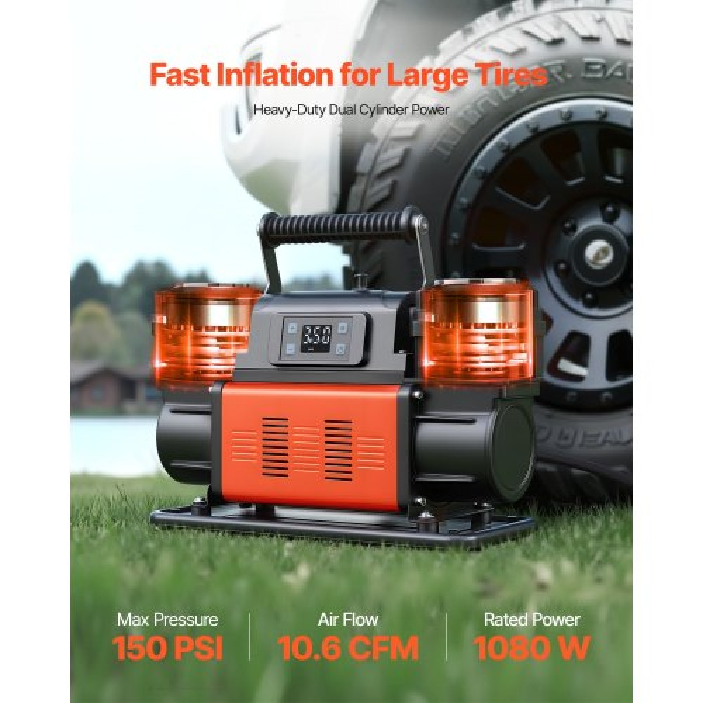 VEVOR Dual-Cylinder Heavy Duty Air Compressor, 300L/min Auto-Stop Portable Tire Inflator, 12V 150PSI Offroad Air Pump με ψηφιακή οθόνη LCD & αντάπτορες για Truck Car SUV 4 x 4 Vehicle RV