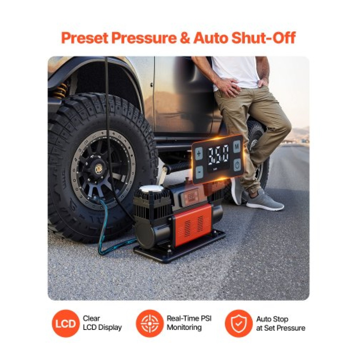 VEVOR Dual-Cylinder Heavy Duty Air Compressor, 300L/min Auto-Stop Portable Tire Inflator, 12V 150PSI Offroad Air Pump με ψηφιακή οθόνη LCD & αντάπτορες για Truck Car SUV 4 x 4 Vehicle RV